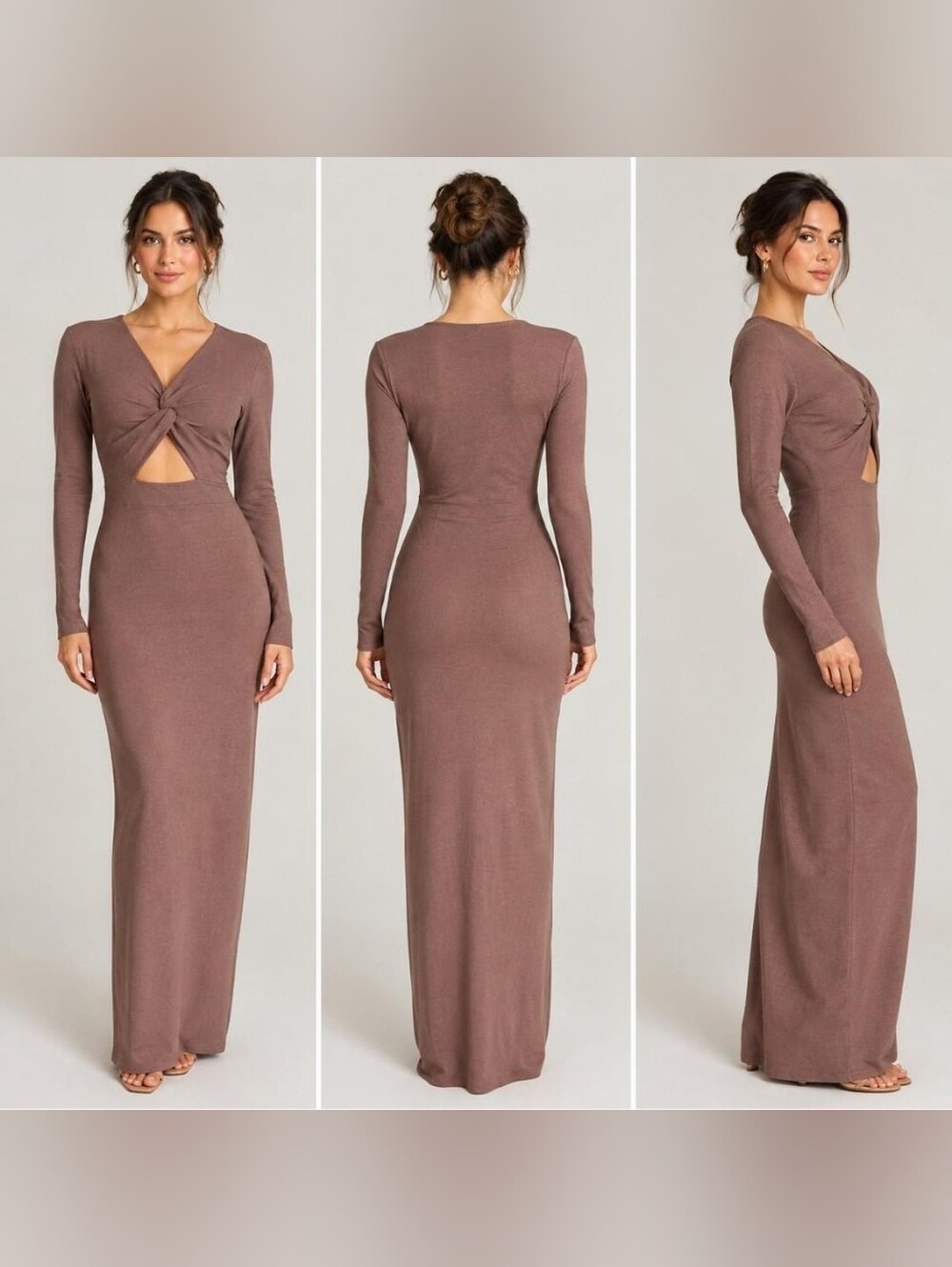 Women's Ribben Knit Bodicon Twist Front Long Sleeve Dress in Mauve Brown Sz M